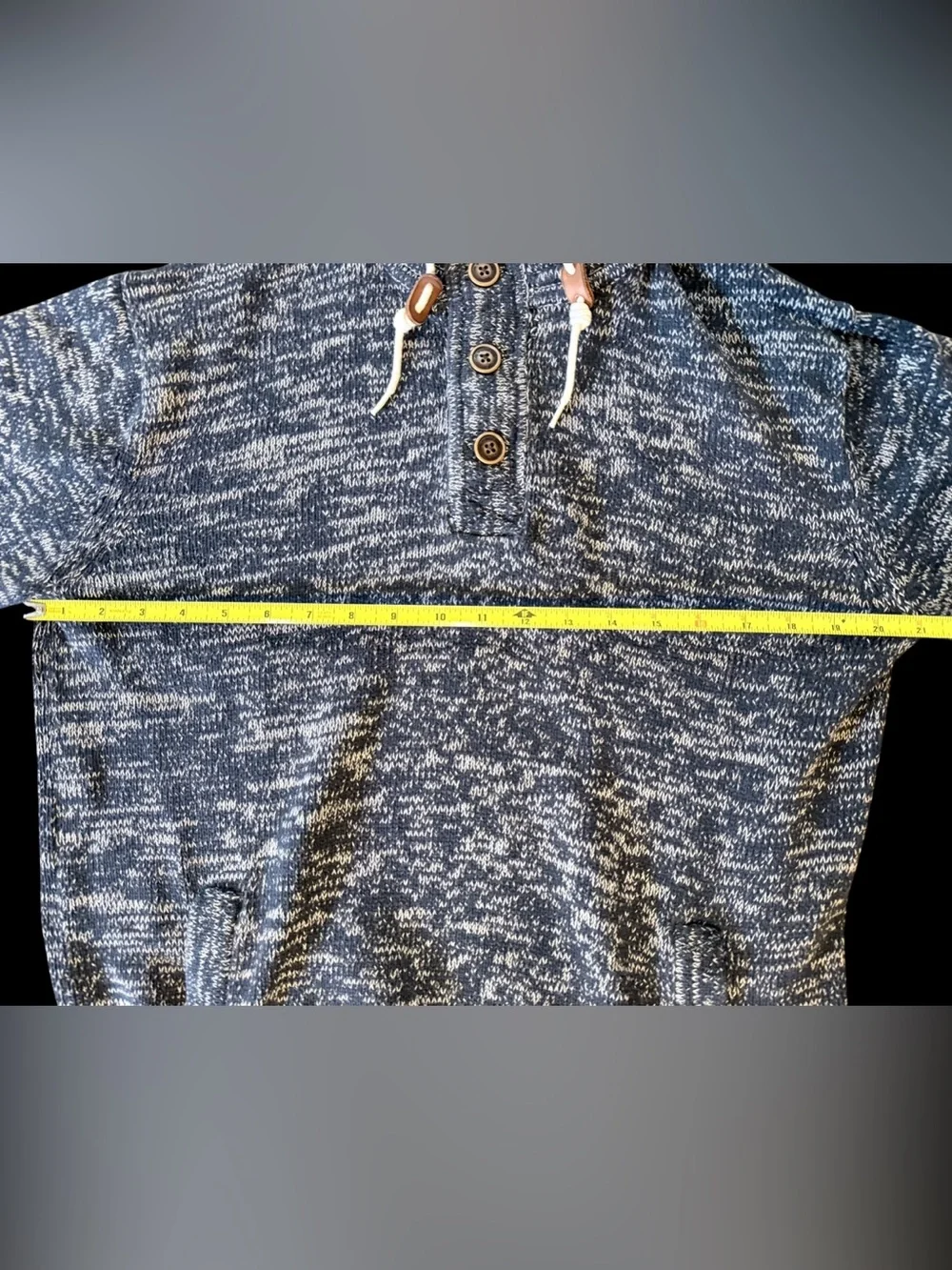 H&M L.O.G.G. Mens M Blue Marled Knit Henley Hoodie Sweater Kangaroo Pocket